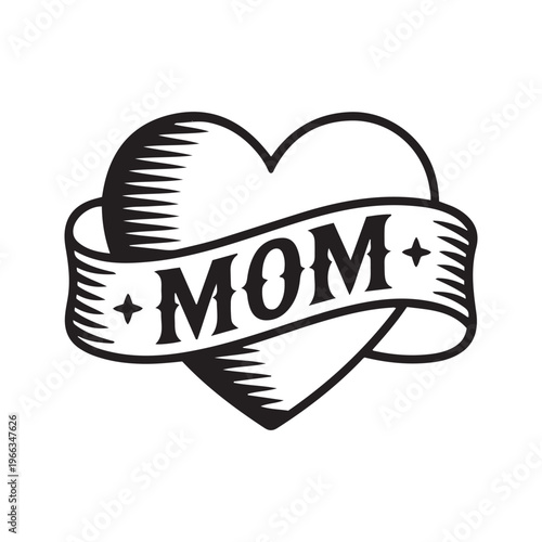 Black heart with mom banner and stars tattoo style ribbon text
