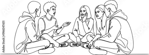 Group of young people sitting on ground together and talking. Friends rest and communicate. Continuous line art drawing style. Minimalist black linear sketch on white background. Vector illustration
