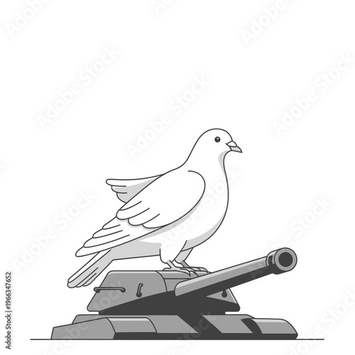 White dove perched on a military tank, symbolizing peace in conflict