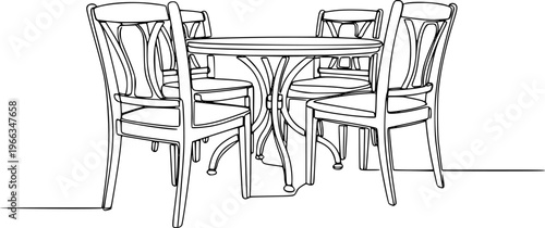 Garden chairs and table in continuous line art drawing style. Classic style dining room furniture black linear sketch isolated on white background. Vector illustration