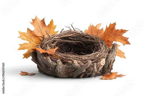 Nest Made of Twigs Surrounded by Autumn Leaves on a White Background