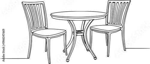 Garden chairs and table in continuous line art drawing style. Classic style dining room furniture black linear sketch isolated on white background. Vector illustration