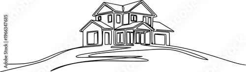 Abstract house on the hill in continuous line art drawing style. Residential building, real estate black linear design isolated on white background. Vector illustration