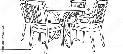 Garden chairs and table in continuous line art drawing style. Classic style dining room furniture black linear sketch isolated on white background. Vector illustration