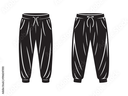 Black silhouette of two pairs of sweatpants front and back view trousers clothing