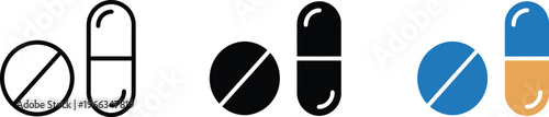 A collection of stylized medication icons, depicting pills and capsules in outline, solid, and color variations.