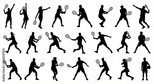 Silhouettes of Tennis Players in Various Poses, Illustrating Action and Movement on the Court