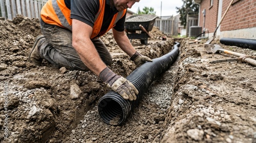 Wallpaper Mural Professional worker in orange safety vest carefully installing a black corrugated drainage pipe into a prepared gravel trench at a residential home construction site during outdoor work Torontodigital.ca