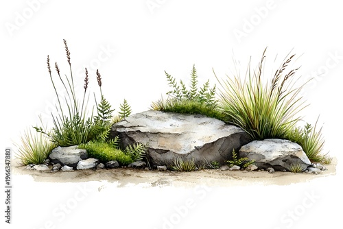 Natural Landscape with Stones, Grasses, Ferns, and Texture in Bright Natural Setting