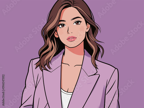 Woman in a purple blazer with wavy hair stands against a solid purple background while looking directly at the viewer