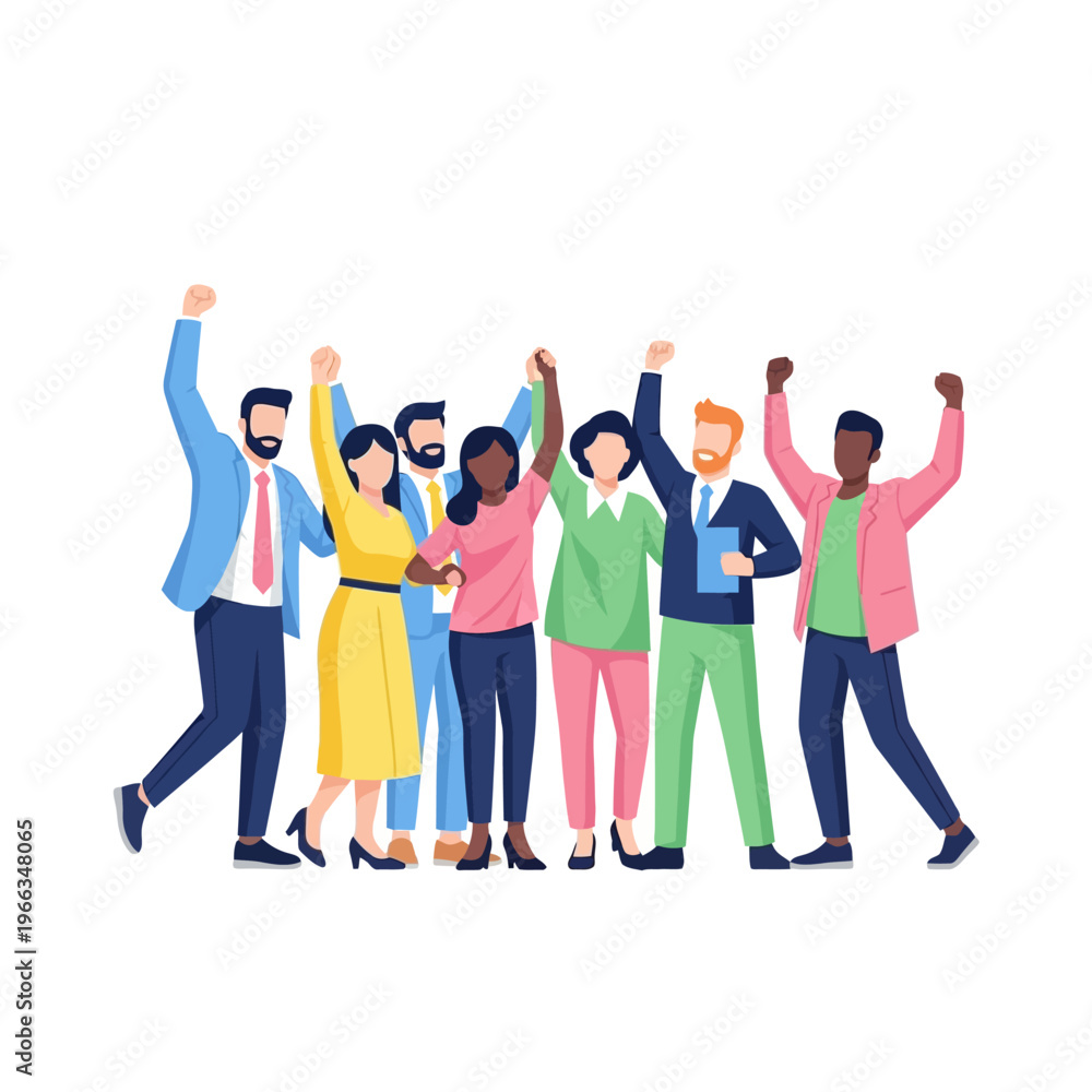 Obraz premium Diverse team celebrating success, raising hands in unity and joy, vector illustration