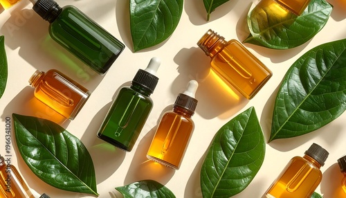 Bottles and leaves arranged on surface