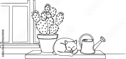 Continuous one Line Drawing of Vector Cute Cactus. Black and White Sketch House Plants with a cat and a watering can on the window sill.
