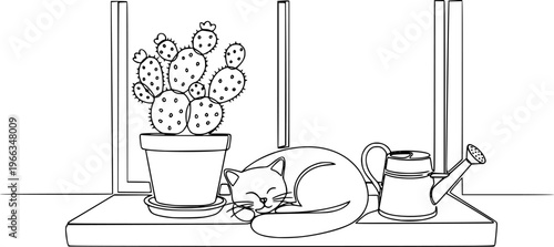 Continuous one Line Drawing of Vector Cute Cactus. Black and White Sketch House Plants with a cat and a watering can on the window sill.

