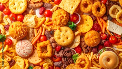 Various food items arranged on surface