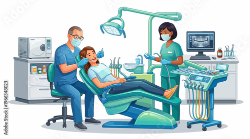 Professional Dental Clinic Illustration Showing a Male Dentist and Female Assistant Treating a Patient in a Modern Office with Medical Equipment and X-ray Scans.