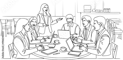 Business team meeting continuous line drawing. Friends in cafe contour vector illustration.
