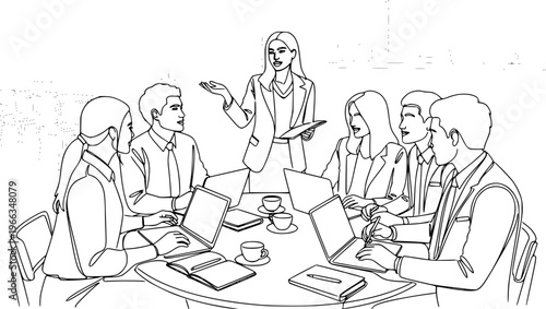 Business team meeting continuous line drawing. Friends in cafe contour vector illustration.
