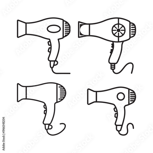 Four black line hair dryers on a white background hairdryer blow dryer collection