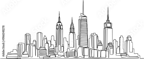 Modern cityscape continuous one line vector drawing. Metropolis architecture panoramic landscape. New York skyscrapers hand drawn silhouette. Apartment buildings isolated minimalistic illustration