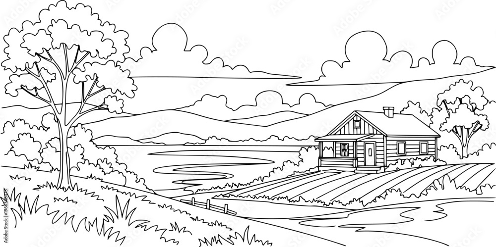 Fototapeta premium Rural landscape continuous one line vector drawing. Lake house in the woods hand drawn silhouette. Country nature panoramic sketch. Village minimalistic contour illustration.