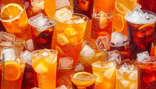 Variety of cold drinks with ice and slices on table