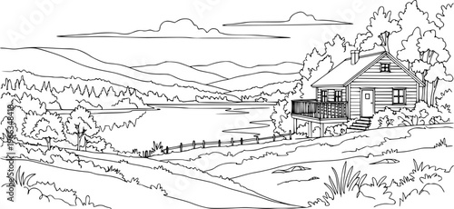 Rural landscape continuous one line vector drawing. Lake house in the woods hand drawn silhouette. Country nature panoramic sketch. Village minimalistic contour illustration.