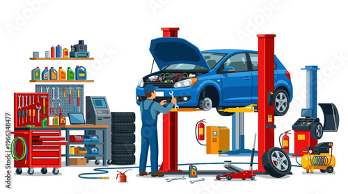 Professional auto mechanic technician performing repair service in a modern garage workshop with a blue car on a hydraulic lift, various hand tools, and gear.