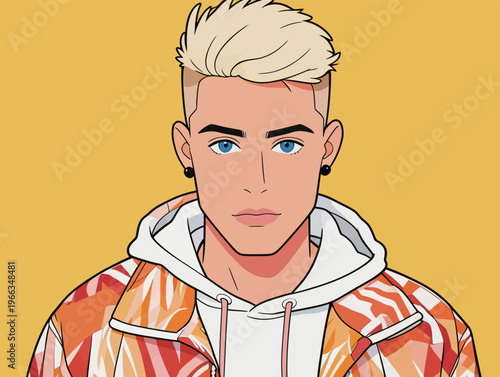 Young man with blonde hair and blue eyes wearing colorful jacket against a yellow background during a digital art creation process