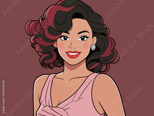 Woman with curly hair poses in a pink top with red highlights, smiling against a solid brown background during a casual moment