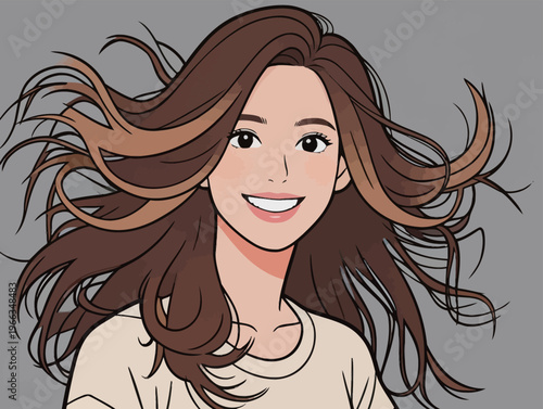 Woman with long hair smiling and looking forward with wind blowing through her hair in a simple background setting