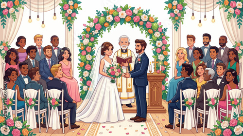 Romantic wedding ceremony illustration featuring a beautiful bride and groom exchanging vows under a floral arch with a diverse group of guests in a formal hall.
