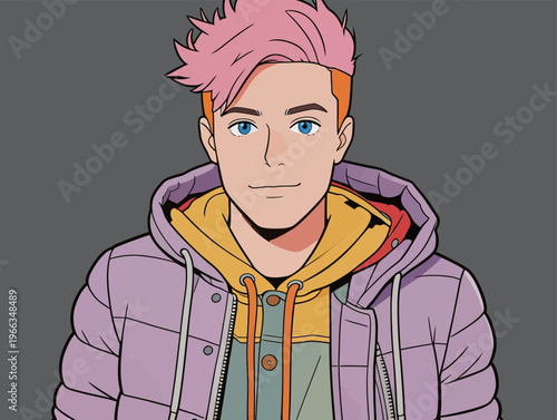 Character with pink hair in a hoodie stands against a gray background while looking at the viewer with a friendly expression