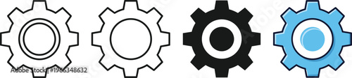 Set, of, professional, gear, icons, featuring, cogwheel, symbols, in, outline, silhouette, and, colored, vector, styles, for, settings, interface, and, configuration.