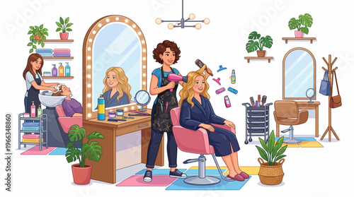 Professional Hair Salon Illustration Featuring Female Stylists Working on Clients with Blow Dryers and Hair Washing Stations in a Bright Modern Interior Setting.