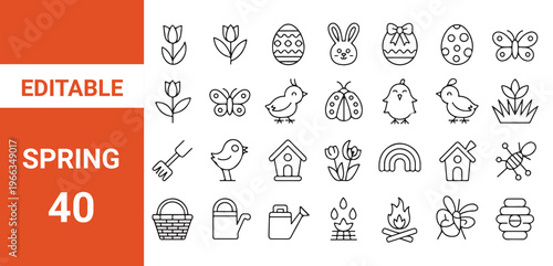 Plants icon set. flat spring icons such as food basket, planting, bird, butterfly, flowers, tulip, basket, sprout, tree, 