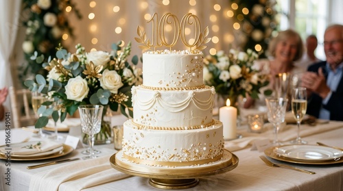 Elegant white and gold three tier cake with 100 topper for a joyful milestone celebration indoors