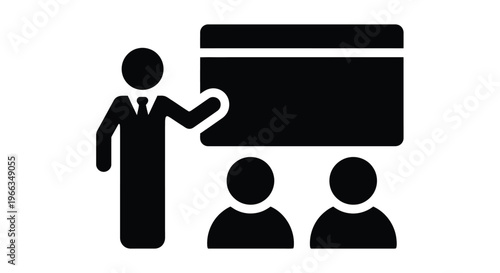 Modern vector graphic design featuring a business person presenting educational material to two individuals, ideal for corporate training and teaching concepts.