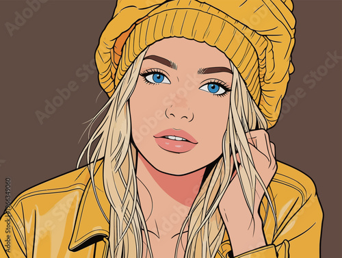 Young woman with yellow hat and jacket looking at the viewer while posing with her hand on her face