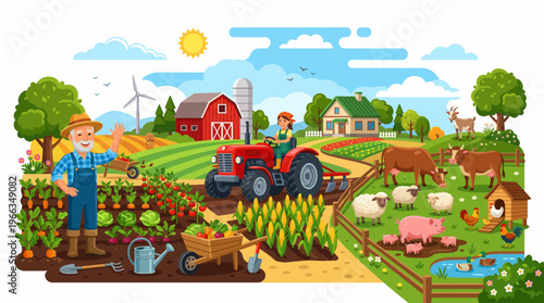 Colorful organic farm illustration featuring a happy farmer waving near vegetable gardens, a woman on a red tractor, and various livestock in a sunny landscape.