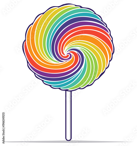 Vibrant Round Lollipop with Rainbow Swirls and Stripes on a Stick, an iconic Candy Treat Illustration