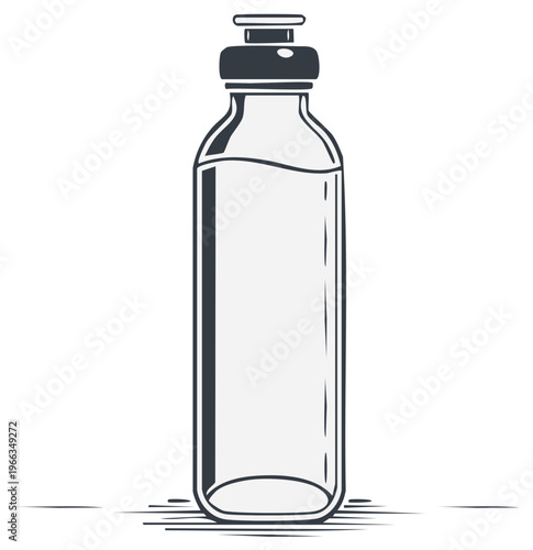 Clean glass water bottle with dark cap and partial fill of clear liquid, isolated on white