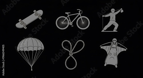 Six gray icons of recreational equipment against a stark black background