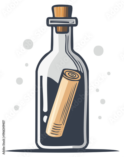 Message in a bottle illustration. Rolled up parchment scroll inside a glass bottle, cork seal.