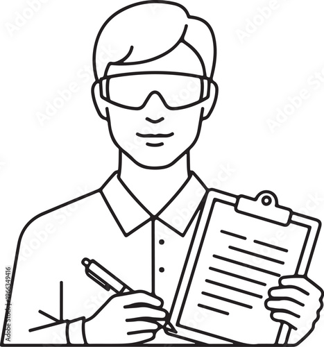 Male scientist with safety glasses and a clipboard, outlining a scientific researcher.