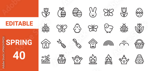 Plants icon set. flat spring icons such as food basket, planting, bird, butterfly, flowers, tulip, basket, sprout, tree, 