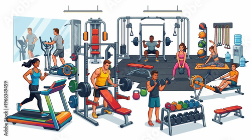 Modern Gym Illustration Featuring Diverse People Exercising with Treadmill Weightlifting Rowing Machine Elliptical and Dumbbells for Fitness Health Concept.