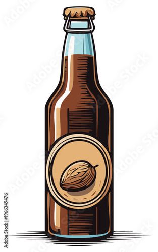 Brown glass bottle with a flip top cap and a circular label featuring a cocoa bean illustration