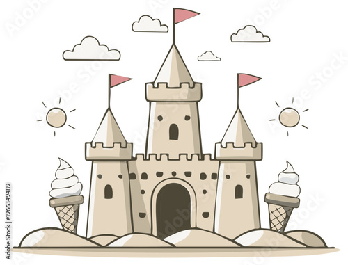 Hand-drawn sand castle with flags, ice cream cones, suns, and clouds, summer vector illustration