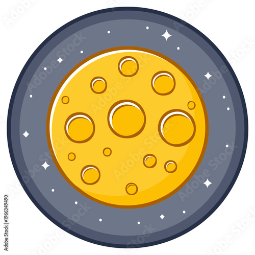 Cartoon depiction of a yellow moon with craters and stars against a gray space background.